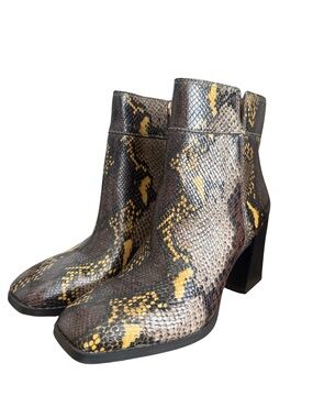 Franco Sarto Brown and Yellow Snake-Print Ankle Booties